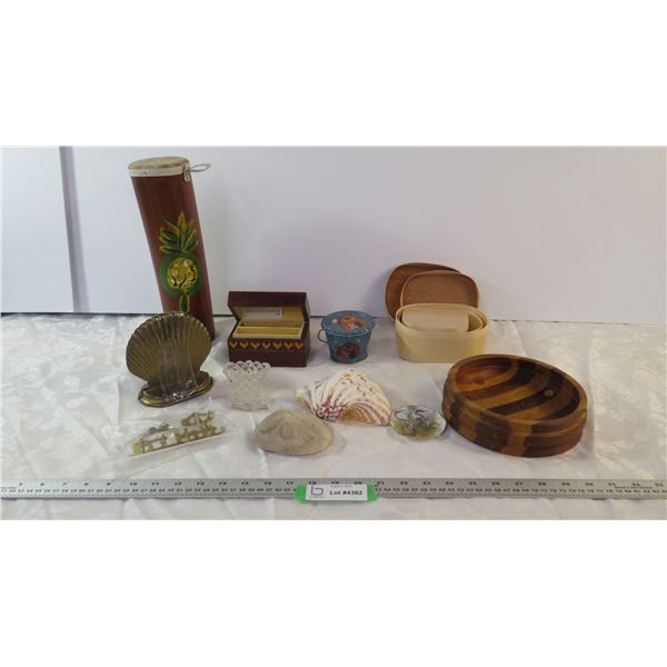 Shells, Brass Bookends, Wood Boxes