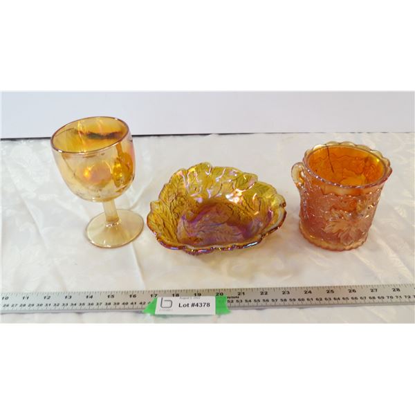 Carnival Glass Goblet and Dishes-one item cracked