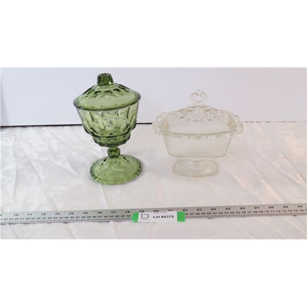 Green and Clear Glass Candy Dishes-chips in both