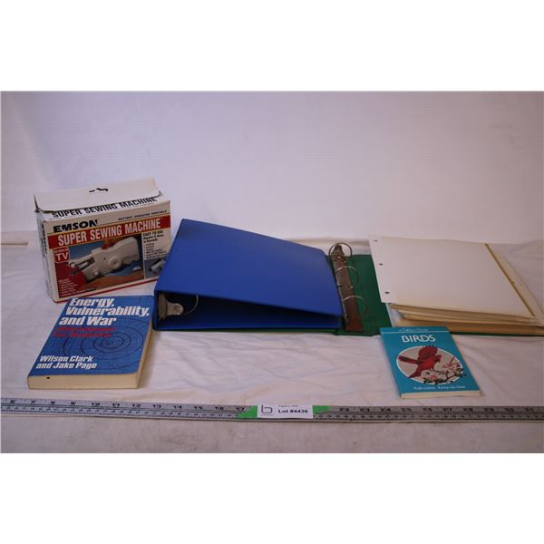 (2) Binders, a Handheld Sewing Machine, and Photo Album Pages +(2) Books