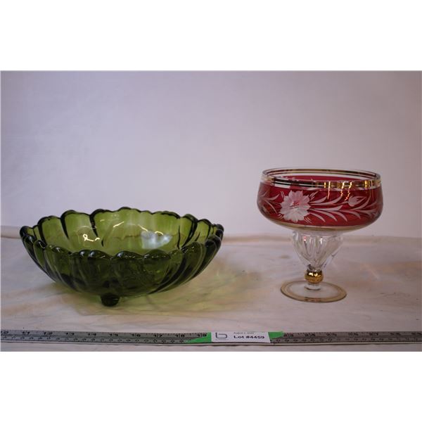 Large Green Footed Centerpiece and Ruby Flash Etched Raised Bowl