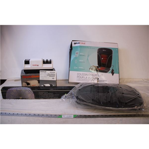 Heated Seat Cushion (still in Package) Wall Fan (Still in Package) Chefs Choice Knife Sharpener