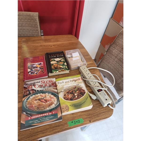 (4) Cookbooks + surge protector, floor protectors