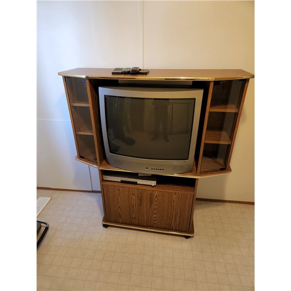 TV stand on wheels with 27" GE TV, Panasonic DVD, VHS tapes - 48"x16" 53"T