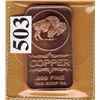 Image 1 : 1 OUNCE COPPER BAR  .999 FINE - BUFFALO NICKEL DESIGN