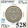 Image 1 : 1936 GERMANY THIRD REICH - SILVER - 5 REICHSMARK - SWASTIKA within WREATH