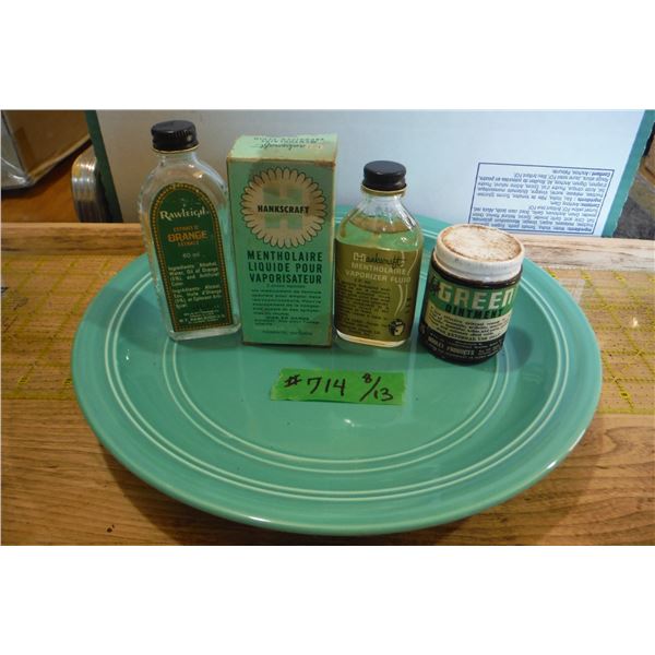 vintage glass bottles, some full and teal plate.