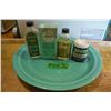 Image 1 : vintage glass bottles, some full and teal plate.