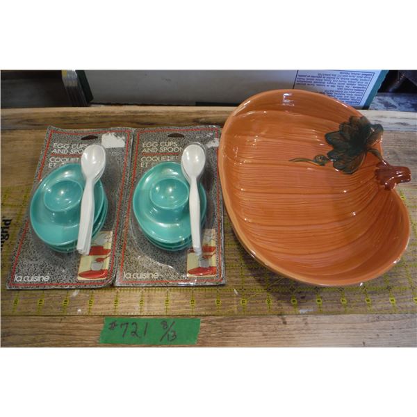 Vintage teal egg cups w/ spoon's NOS & pumpkin bowl.