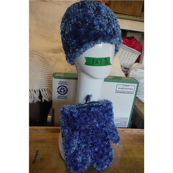 Blue handmade knit touque & mittens.