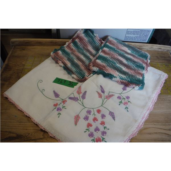 Vintage hand embroidered table cloth & pot holders.