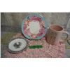 Image 1 : Rae dunn mug, royal albert plate, pink doiley & misc.
