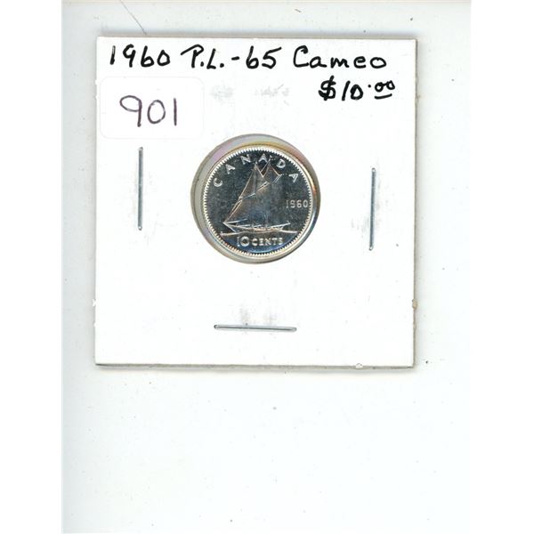 1960 Canadian Silver 10 Cents. Proof Like-65 with Cameo. Bright White. Nice.