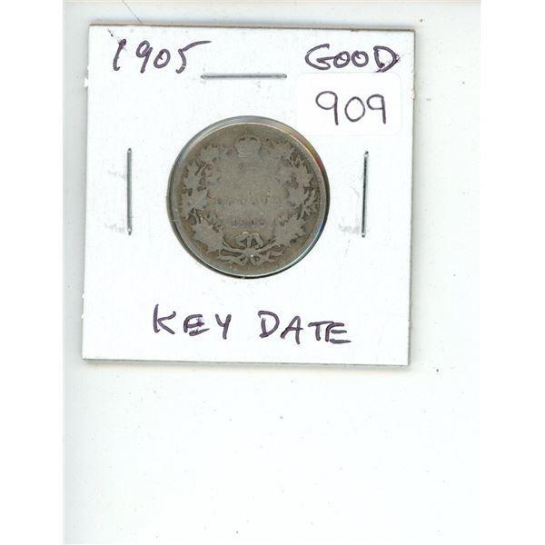 1905 Canadian Edward VII Silver 25 Cents. Key Date. Mintage of 800,000. Good-4.