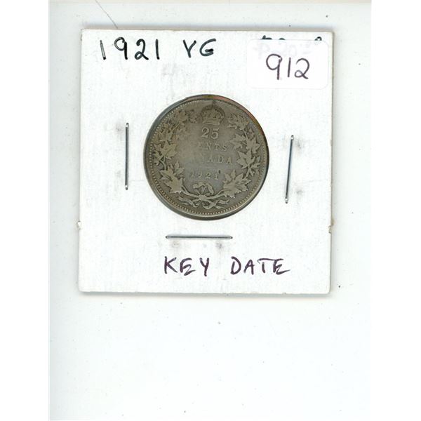 1921 Canadian George V Silver 25 Cents. Key Date. Mintage of 597,337. VG-8.