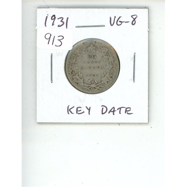 1931 Canadian George V Silver 25 Cents. Key Date. Mintage of 537,815. VG-8.