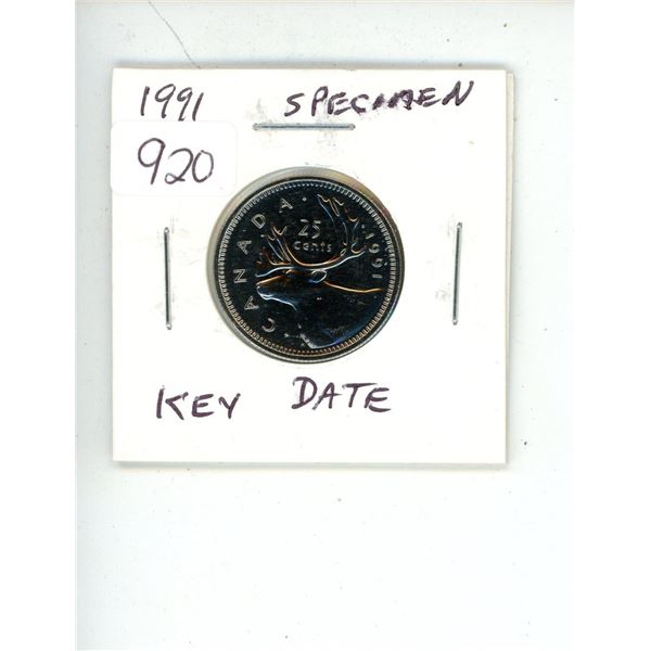 1991 Canadian 25 Cents. Specimen-66. Key Date. Nice.