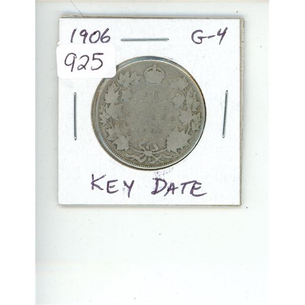 1906 Edward VII Silver 50 Cents. Key Date. Mintage of 350,000. G-4.