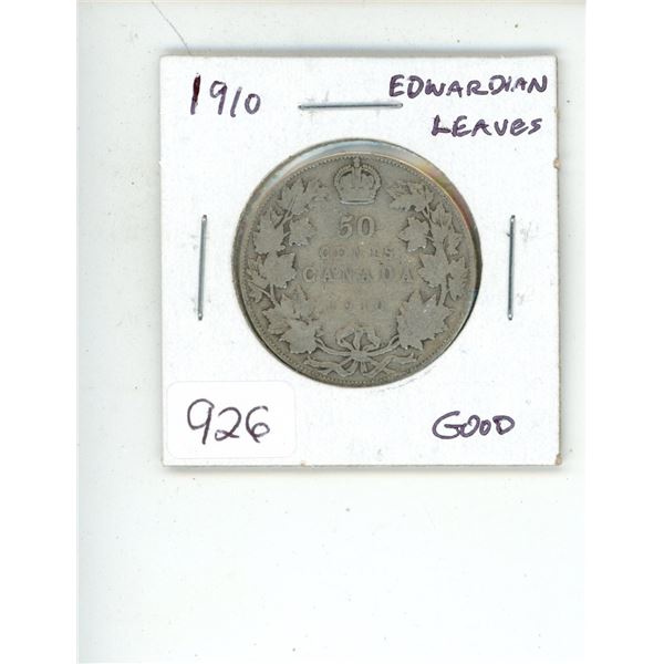 1910 Edwardian Leaves Silver 50 Cents. Good.