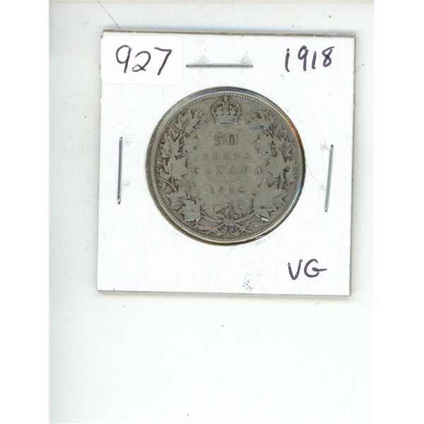 1918 George V Silver 50 Cents. Last year of World War I. Key Date. Mintage of 854,989. VG-8.