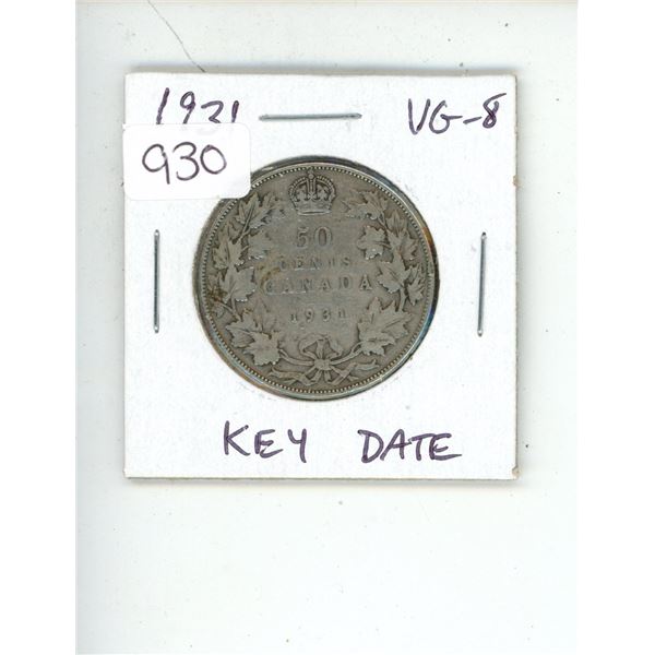 1931 George V Silver 50 Cents. Key Date. Mintage of 57,581. VG-8.