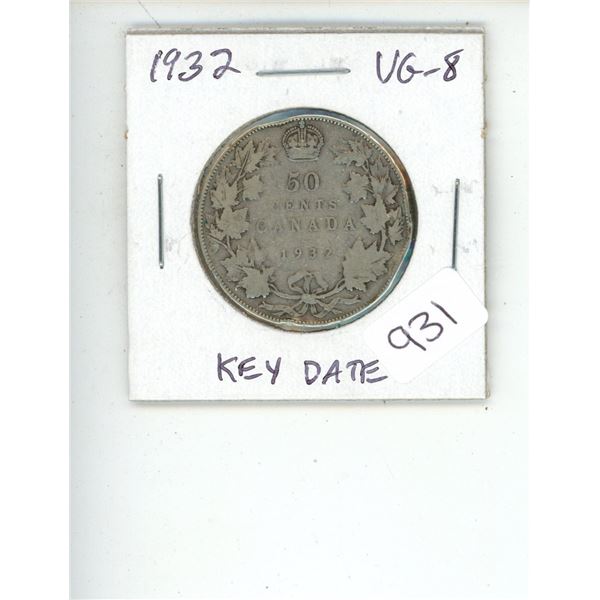 1932 George V Silver 50 Cents. Key Date. Mintage of 19,213. Missing from most collections. VG-8. Rim