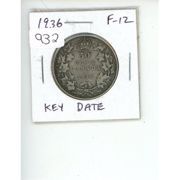 1936 George V Silver 50 Cents. Key Date. Mintage of 38,550. Last 50 Cents issued for King George V. 