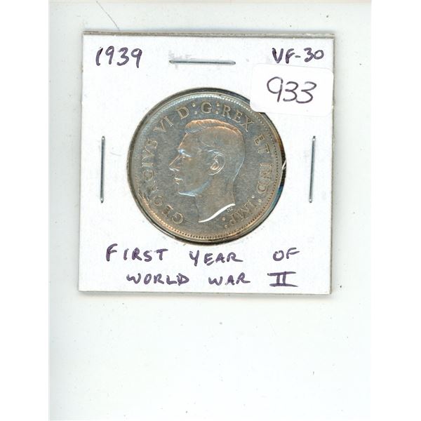 1939 George VI Silver 50 Cents. Key Date. Mintage of 287,976. First year of World War II. VF-30. Nic