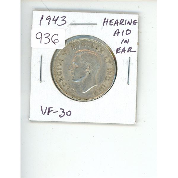 1943 George VI Silver 50 Cents. Hearing Aid in King’s Ear from Die Clash. World War II issue. VF-30.