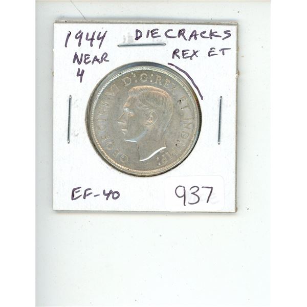 1944 Near 4 George VI Silver 50 Cents. Obverse Die Cracks through REX ET. EF-40. Nice.