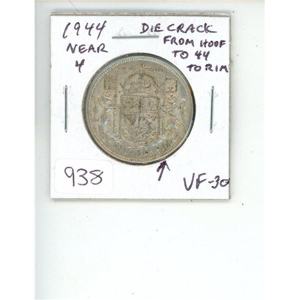 1944 Near 4 George VI Silver 50 Cents. Reverse Die Crack from Hoof to 44 to Rim. VF-30. Nice.