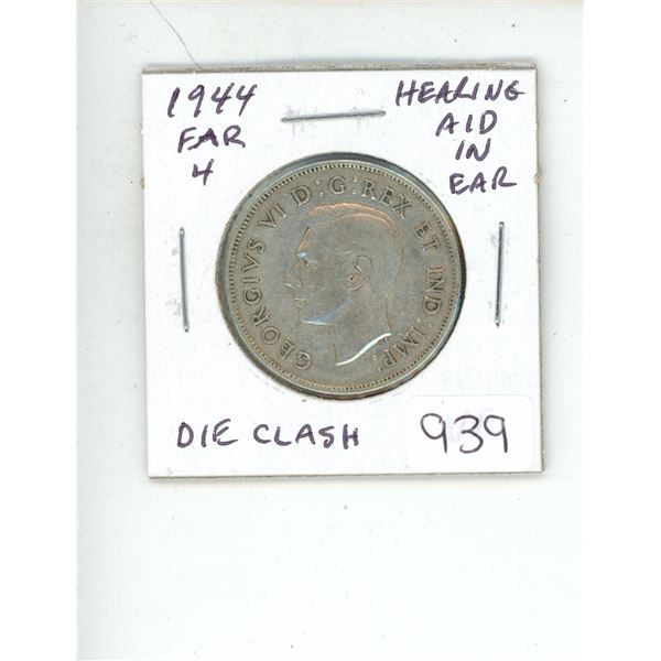 1944 Far 4 George VI Silver 50 Cents. Hearing Aid in King’s Ear from Die Clash. VF-20.