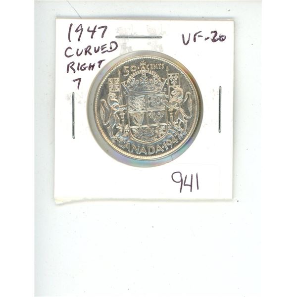 1947 Curved Right 7 George VI Silver 50 Cents. VF-20.