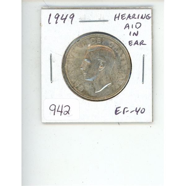 1949 George VI Silver 50 Cents. Hearing Aid in King’s Ear from Die Clash. EF-40. Nice.