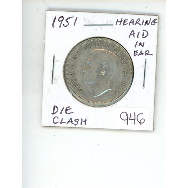 1951 George VI Silver 50 Cents. Hearing Aid in King’s Ear from Die Clash. VF-20.