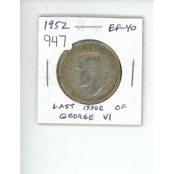 1952 George VI Silver 50 Cents. Last 50 Cents issued for King George VI. EF-40. Nice.