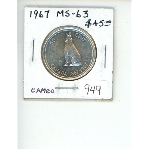 1967 Canadian Silver 50 Cents. Centennial coin with howling wolf. MS-63, Cameo. Nice.