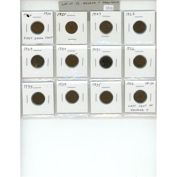 Lot of 12 Canadian George V Small Cents 1920 to 1936. Includes 1920, 1921, 1927, 1928, 1929, 1930, 1