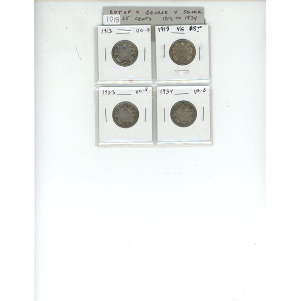 Lot of 4 Canadian George V Silver 25 Cents. Includes 1913, 1919, 1933 & 1934. Coins grade VG-8.