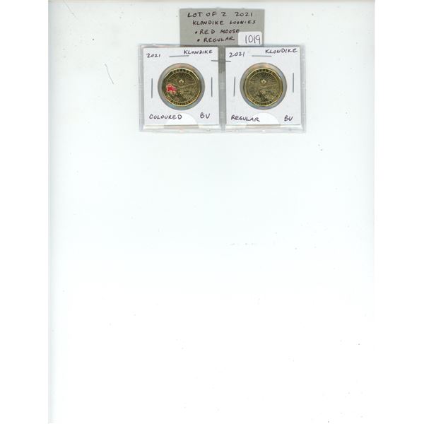 Lot of 2 2021 Klondike Loonies. Includes Colourized Red Moose & Regular. BU from an original roll.