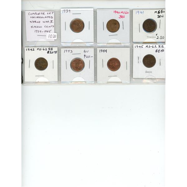 Complete Set of Uncirculated Canadian World War II Small Cents. Includes 1939, 1940, 1941, 1942, 194