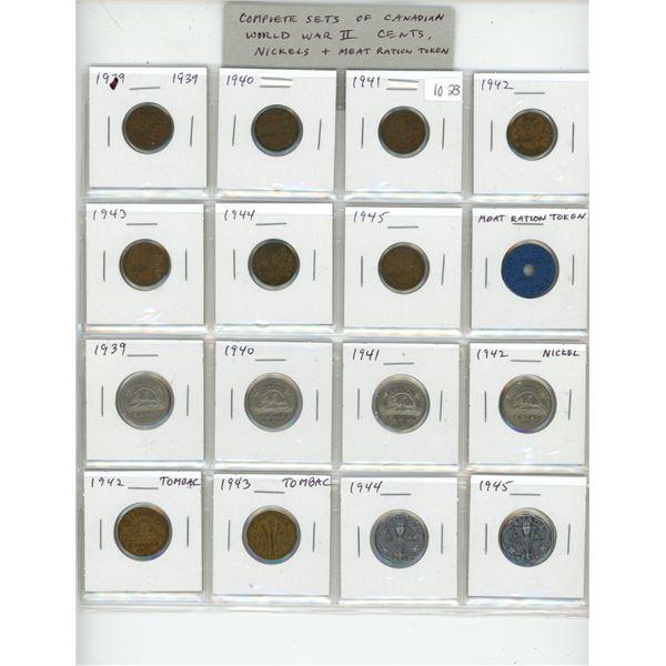 Complete Set of 16 Canadian Small Cents & Nickels. 1939 – 1945. Includes both Tombacs as well as one