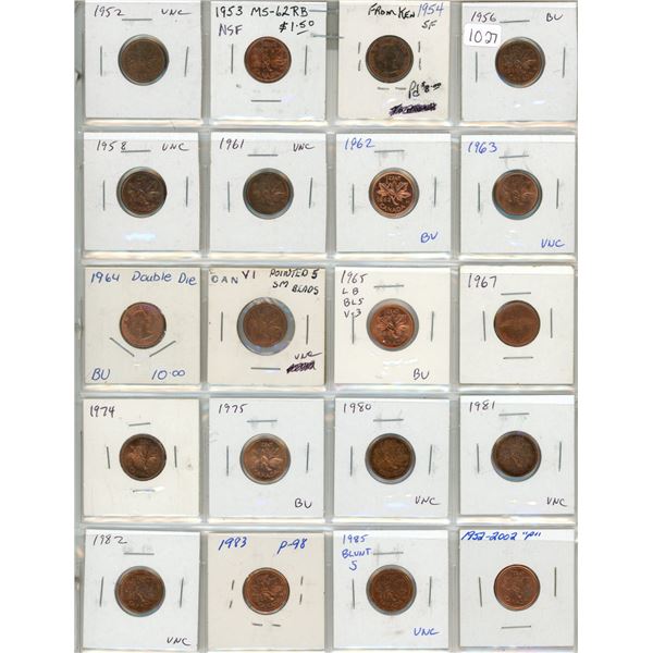 Lot of 20 Uncirculated Canadian Small Cents 1952 – 2002P. Includes 1952, 1953 No Shoulder Fold, 1954