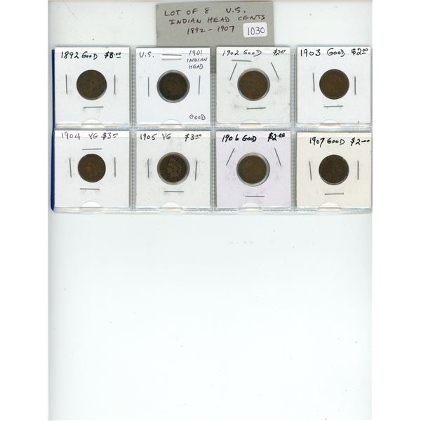 Lot of 8 U.S. Indian Head Cents. Includes 1892, 1901, 1902, 1903, 1904, 1905, 1906 & 1907. Coins gra