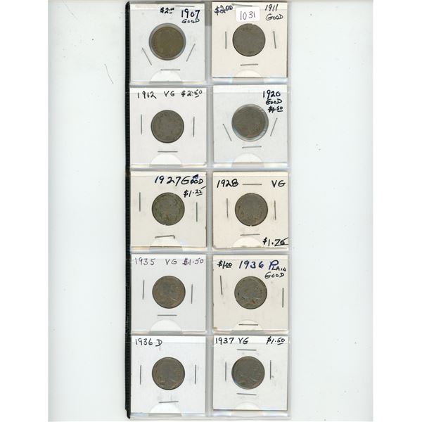 Lot of 10 U.S. Liberty Head & Buffalo Nickels. Includes 1907, 1911, 1912, 1920, 1927, 1928, 1935, 19