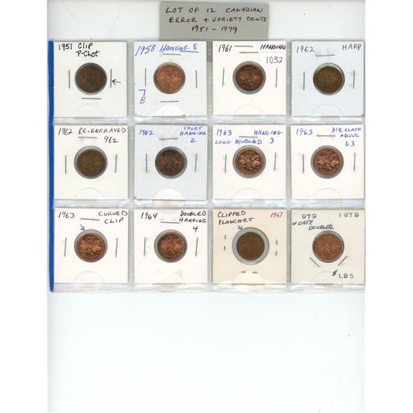 Lot of 12 Canadian Error & Variety Cents 1951 to 1979. Includes clipped planchets with Blakesley Eff