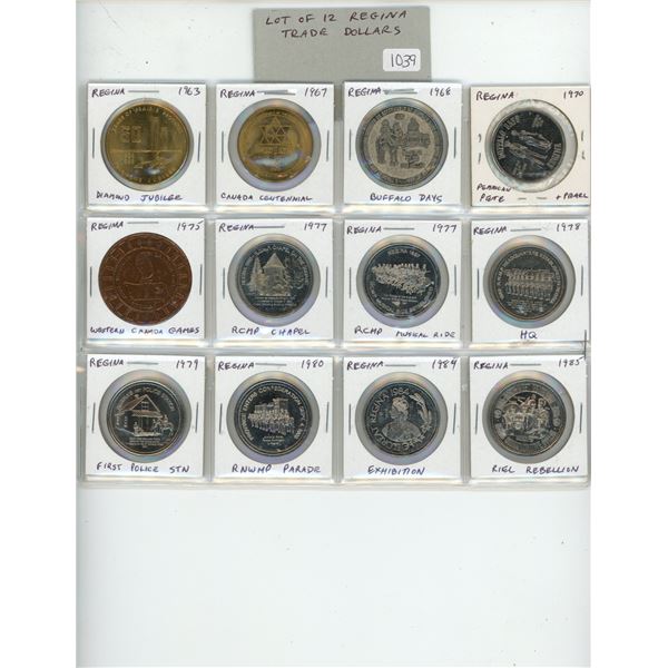 Lot of 12 Regina Trade Dollars. Includes Diamond Jubilee, Centennial, Buffalo Days, Pemmican Pete & 