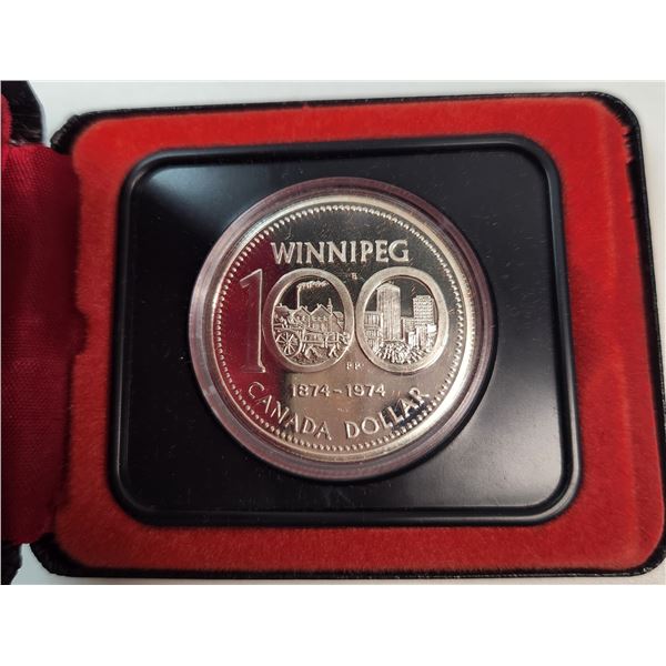 1974 Canadian Silver Dollar. Commemorates the 100th Anniversary of Winnipeg. Specimen. Bright 1974 Canadian Silver Dollar. Commemorates the 100th Anniversary of Winnipeg. Specimen. Bright
