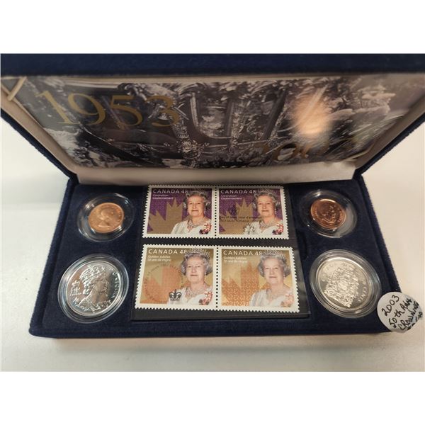 1953 – 2003 Queen Elizabeth II Coronation Coin & Stamp Set. Includes 4 different Canadian coins and 