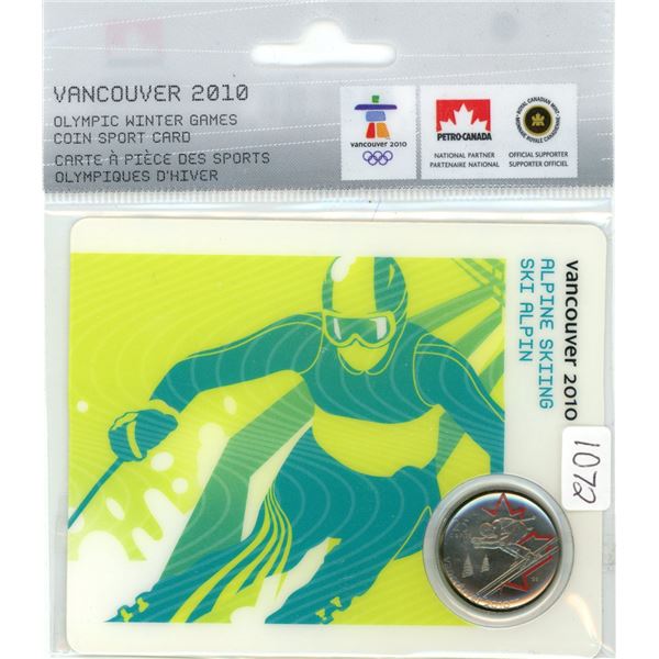 Vancouver 2010 Olympic Winter Games Coin Sport Card Alpine Skiing 25 Cents with Painted Leaf Dated 2